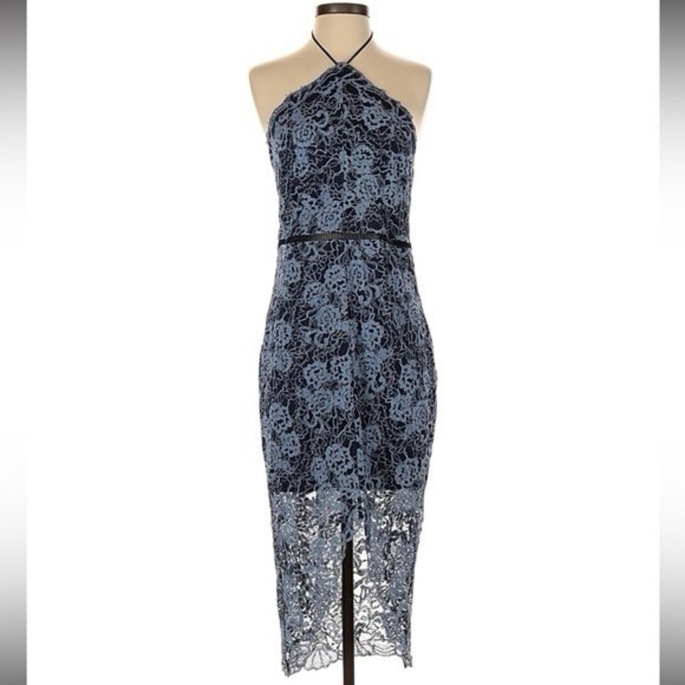 NWT Aeom Sleeveless Halter Blue Lace Midi Dress size large retail $159